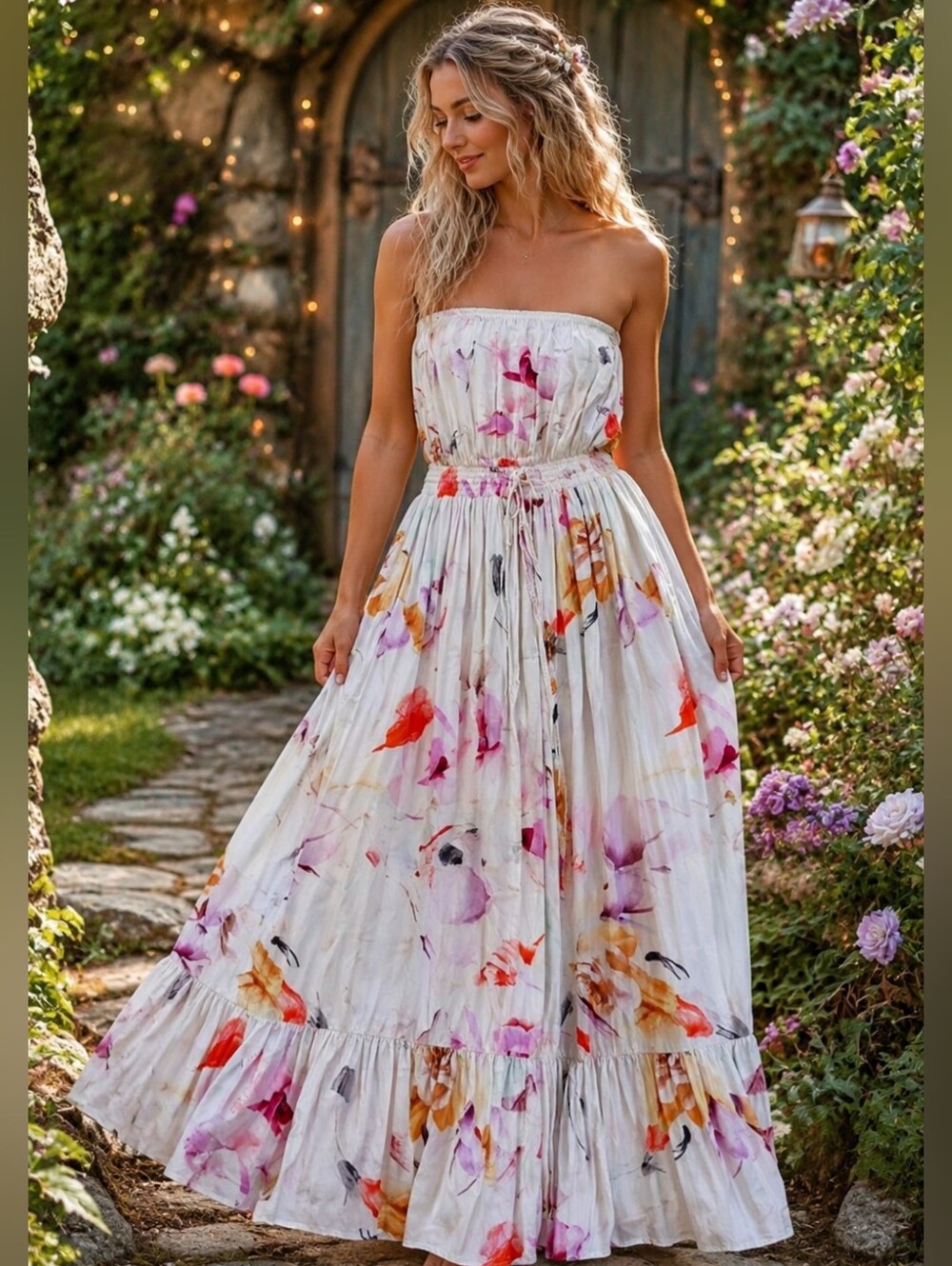 Fairy Whimsical  Woodland Floral Watercolor Summer Maxi  Dress Sz XL